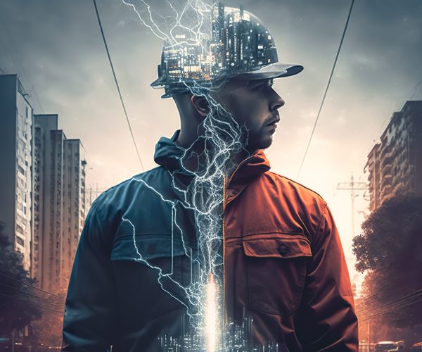 Male electrician in a protective helmet on the background of the city.