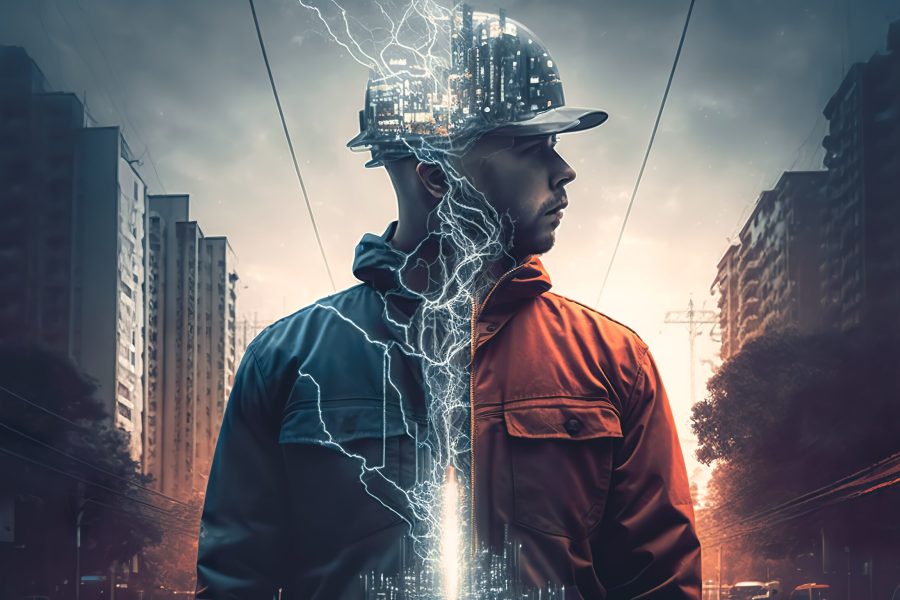 Male electrician in a protective helmet on the background of the city.